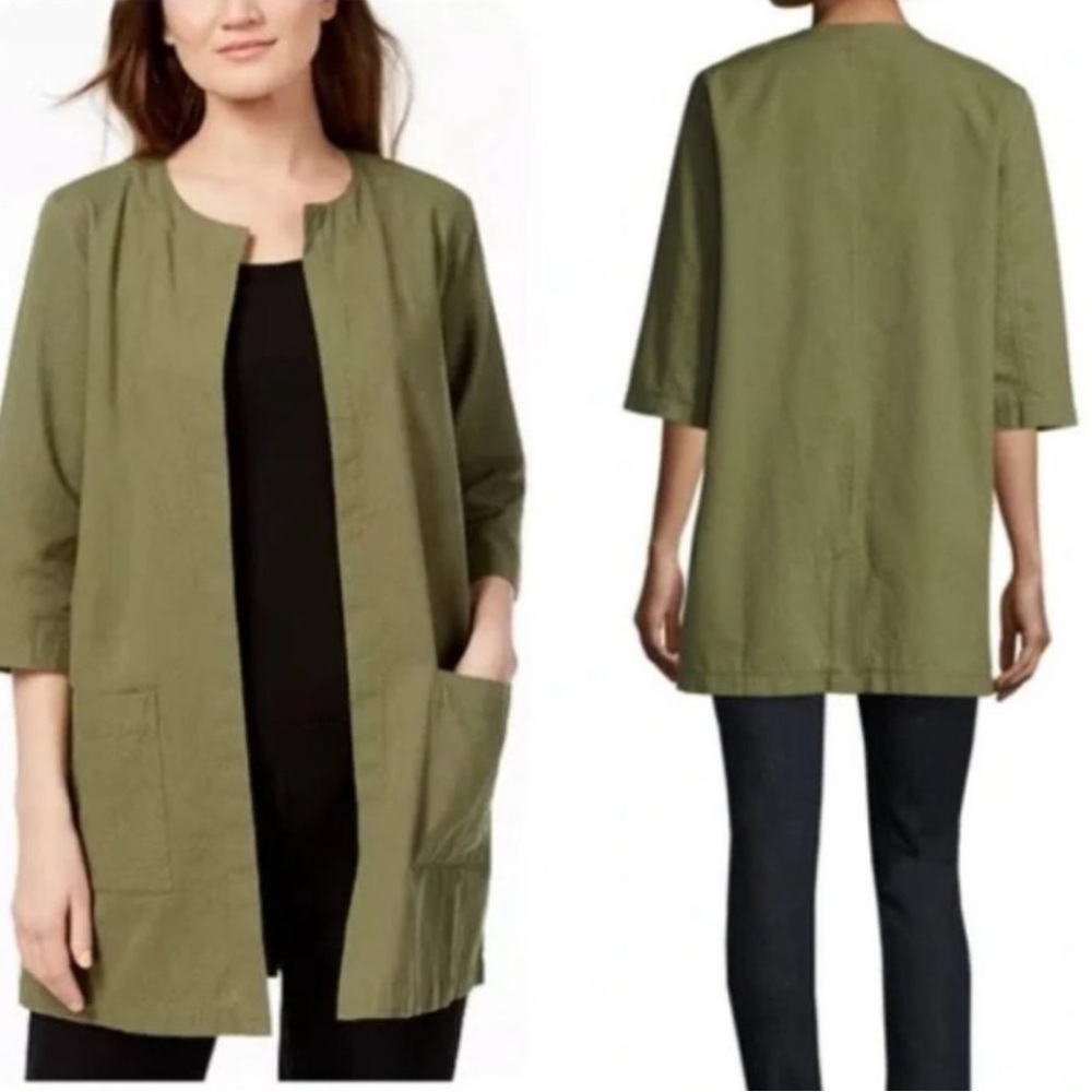 Eileen Fisher Cross-Dyed  Organic Cotton Jacket in Olive Green shacket